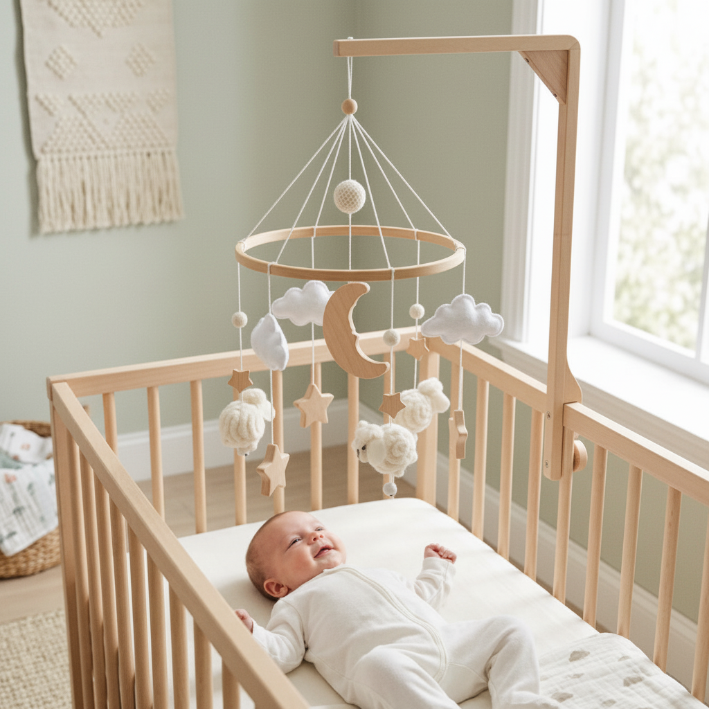 Mobile bébé Sheepy mouton blanc - mobile suspendu en bois clair et feutre pour chambre bébé style scandinave apaisant