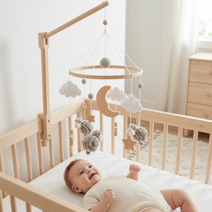 Mobile bébé Sheepy mouton gris - décoration chambre bébé scandinave en bois naturel et feutre doux pour éveil et endormissement