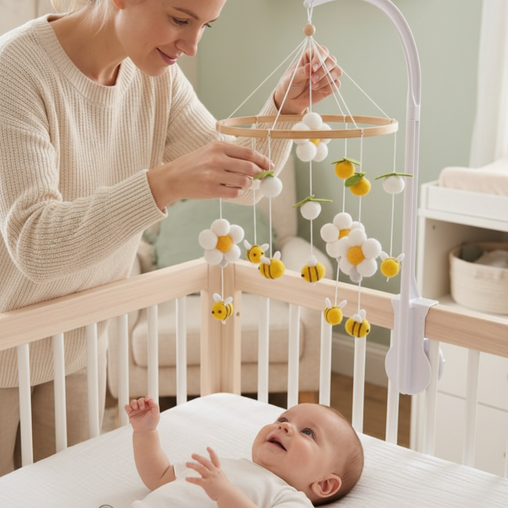 Mobile bébé Abeilledor avec abeilles et fleurs en feutre - endormissement serein et naturel pour bébé