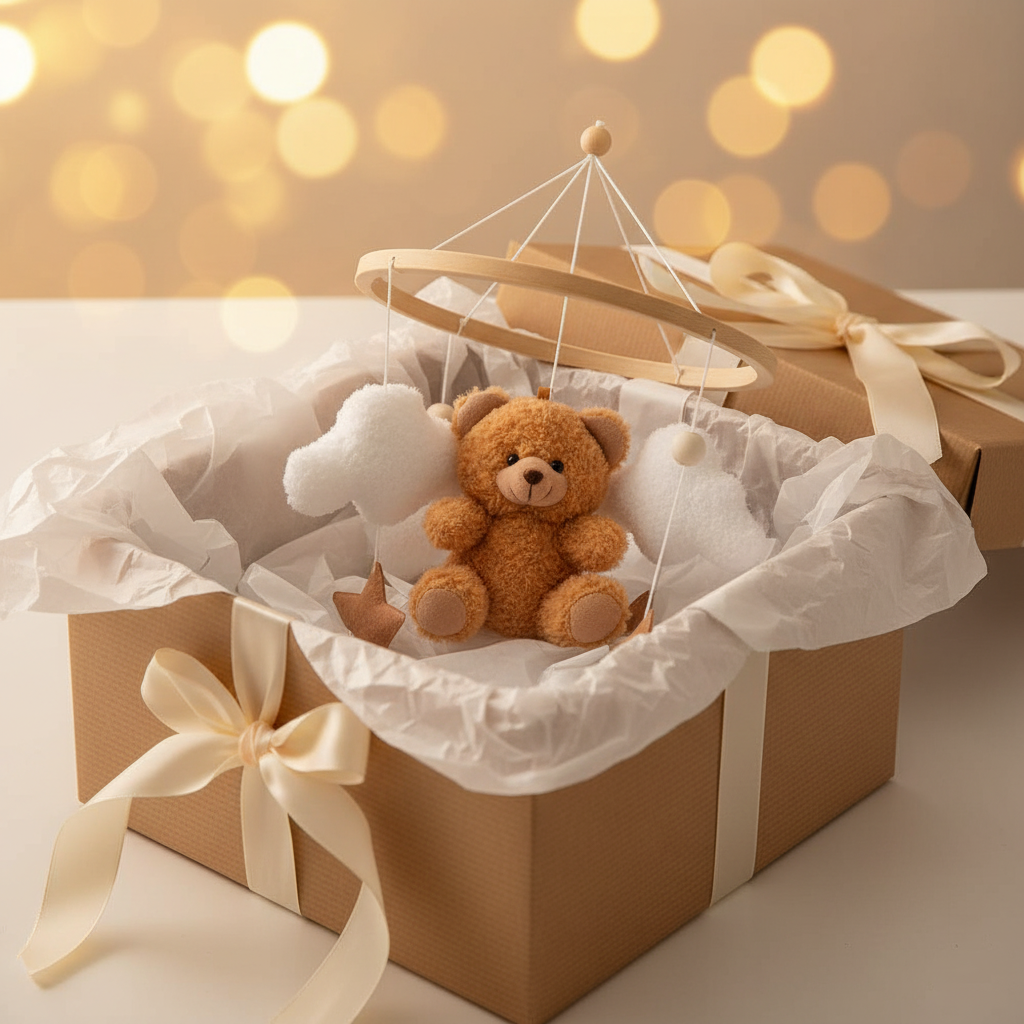 Mobile bébé TEDDYDO cadeau naissance boîte ouverte ourson peluche nuages étoiles baby shower