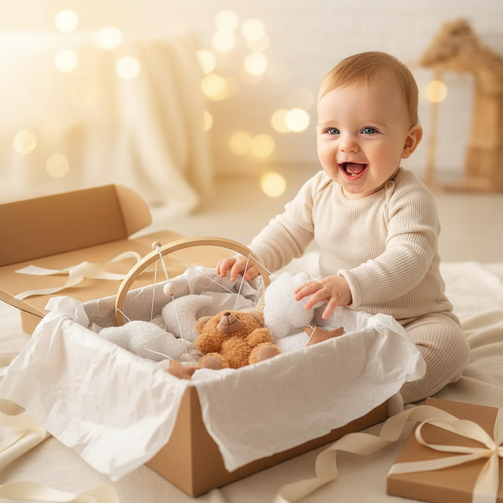 Mobile bébé TEDDYDO cadeau naissance idéal baby shower famille bébé souriant boîte cadeau