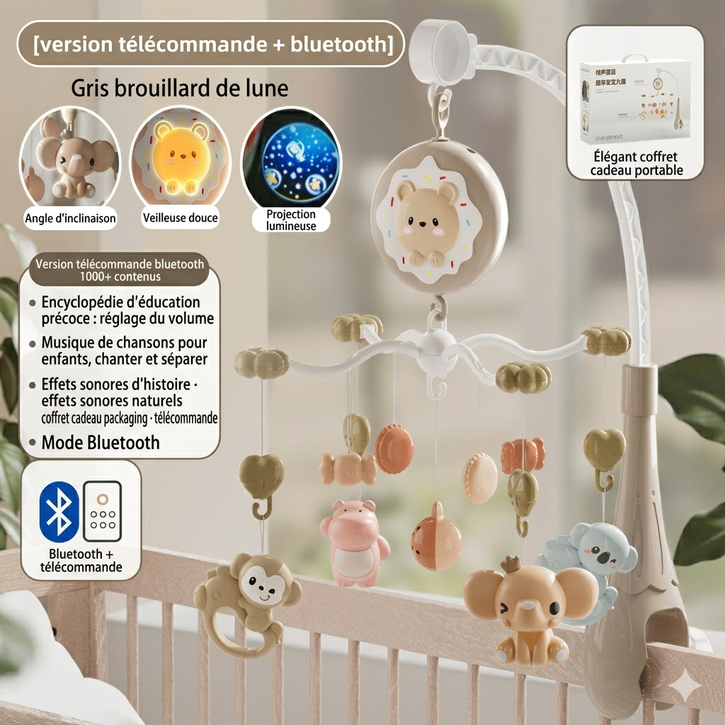 Mobile bébé DOUCEOPRO™ gris– télécommande et Bluetooth pour plus de liberté