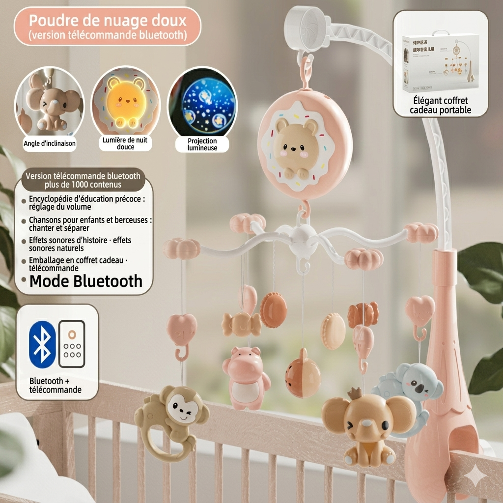 Mobile bébé DOUCEOPRO™  rose– télécommande et Bluetooth pour plus de liberté