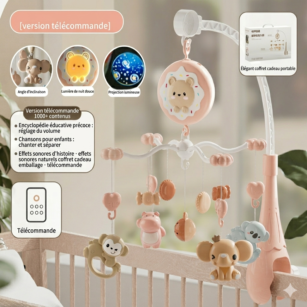 Mobile bébé DOUCEOPRO™  rose– télécommande  pour plus de liberté