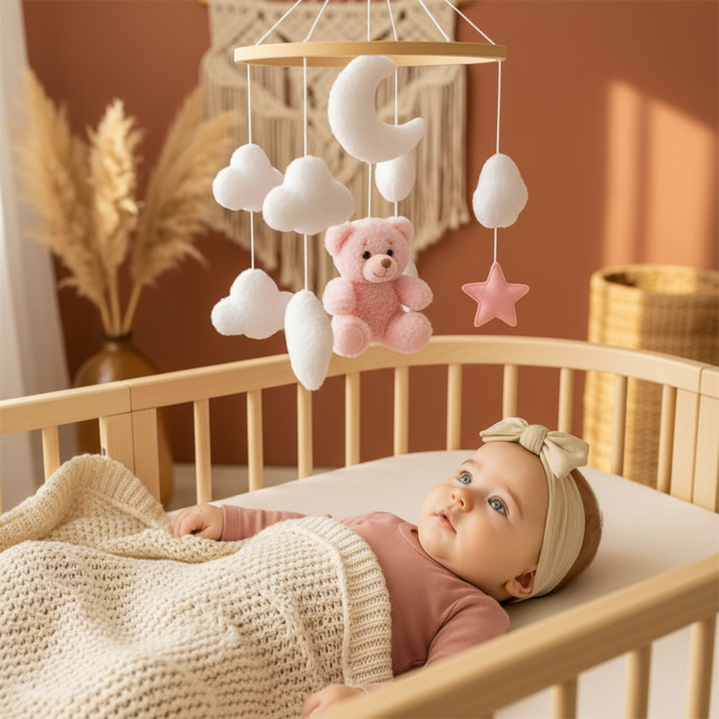 Mobile bébé rose ourson peluche nuages étoiles berceau bois rituel visuel coucher chambre nordique