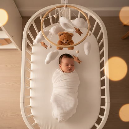 Mobile bébé TEDDYDO vue de dessus anneau bois ourson nuages étoiles apaisement bébé nuit douce