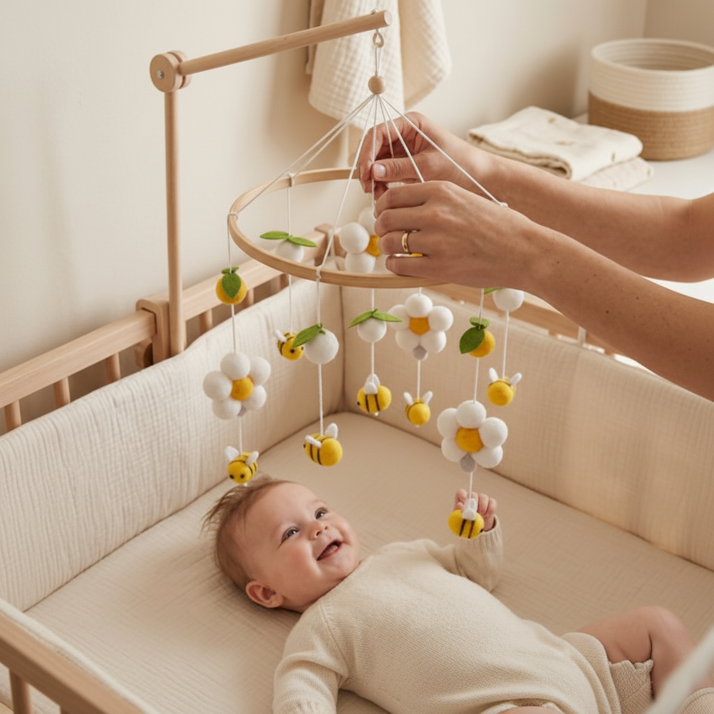Mobile bébé Abeilledor en bois naturel - installation facile et ajustement simple au-dessus du berceau