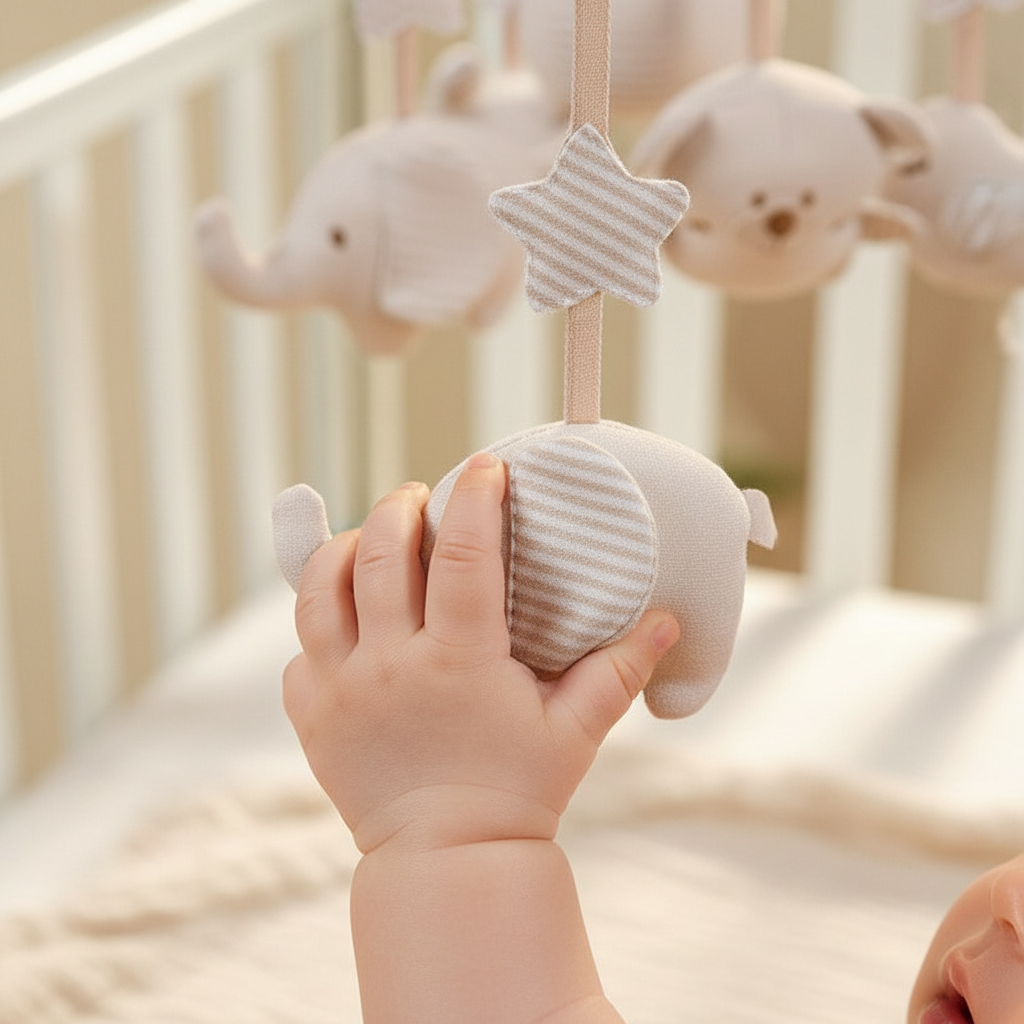 Mobile bébé lapin musical - bébé nouveau-né et grand frère admirant le mobile en coton biologique