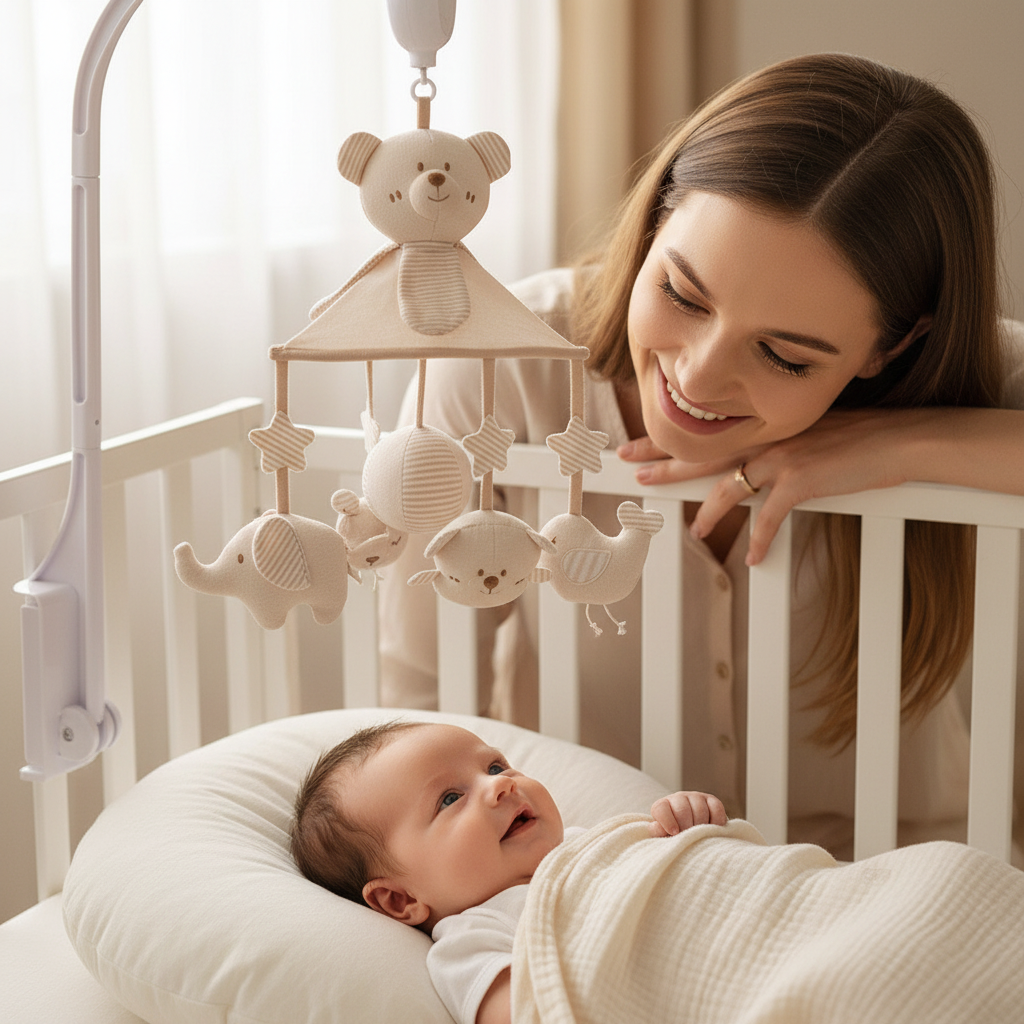 Mobile bébé musical ourson - bébé souriant regardant le mobile rotation 360° dans son lit blanc