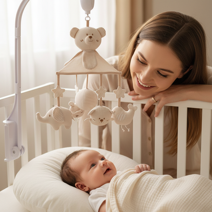 Mobile bébé musical ourson - bébé souriant regardant le mobile rotation 360° dans son lit blanc