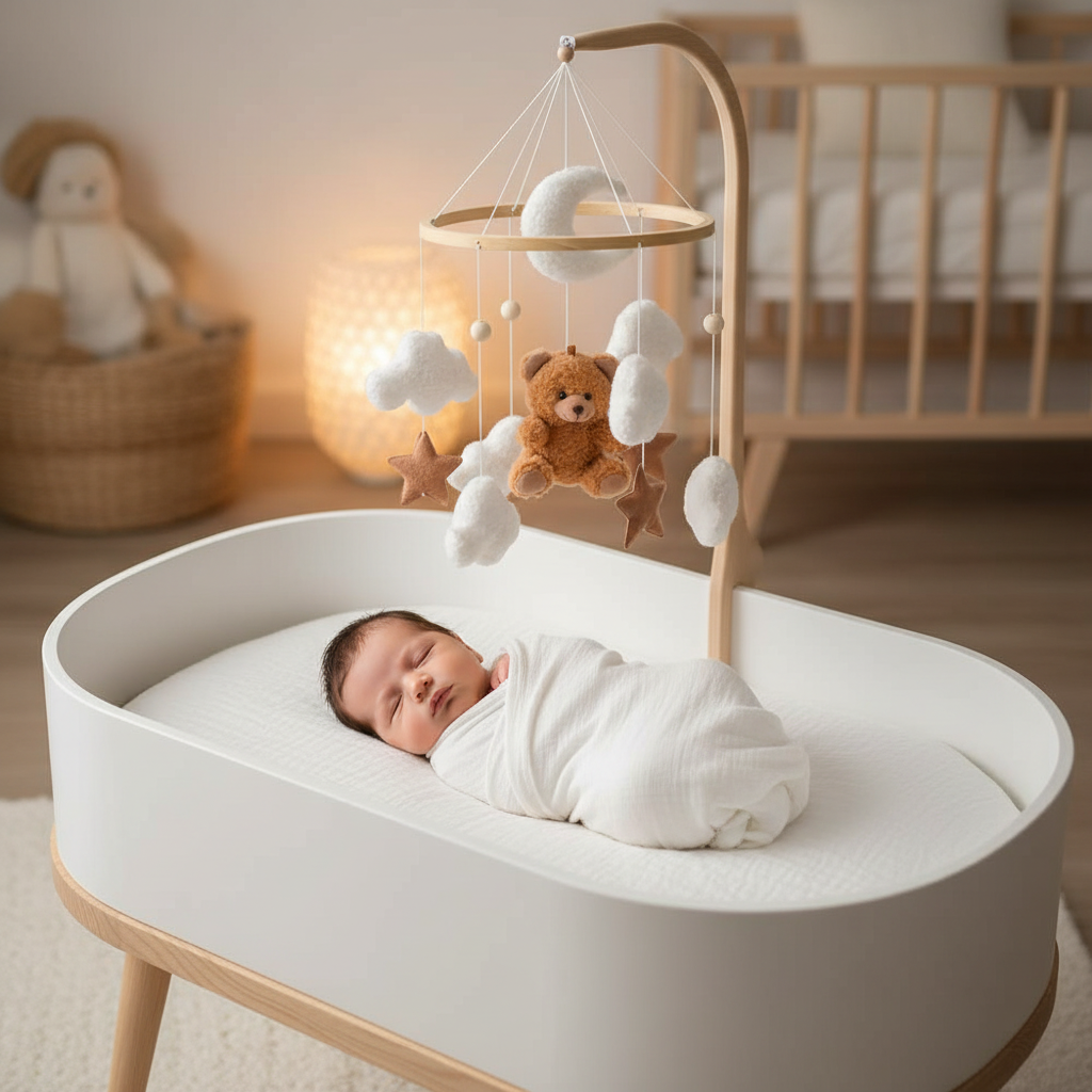 Mobile bébé ourson peluche marron bébé endormi paisiblement dans lit berceau bois transforme les couchers