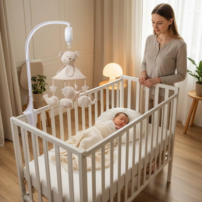 Mobile bébé rotation 360° apaisante - maman et bébé heureux dans lit bébé blanc chambre scandinave