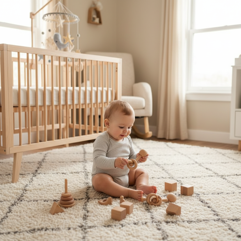 Mobile lit bébé WHALY™ - bébé 6 mois jouant avec jouets bois naturel chambre scandinave éveil sensoriel