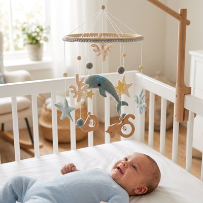 Mobile lit bébé WHALY™ baleine bleue - feutre doux bois naturel figurines marines beige gris bleu canard cadeau naissance