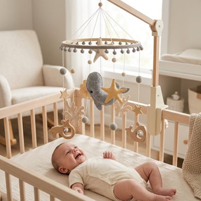 Mobile lit bébé WHALY™ baleine grise - feutre doux bois naturel éveil sensoriel nouveau-né chambre bébé nordique