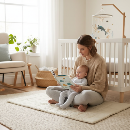Mobile lit bébé WHALY™ - maman lisant livre tissu bébé 3 mois tapis éveil chambre scandinave bois naturel