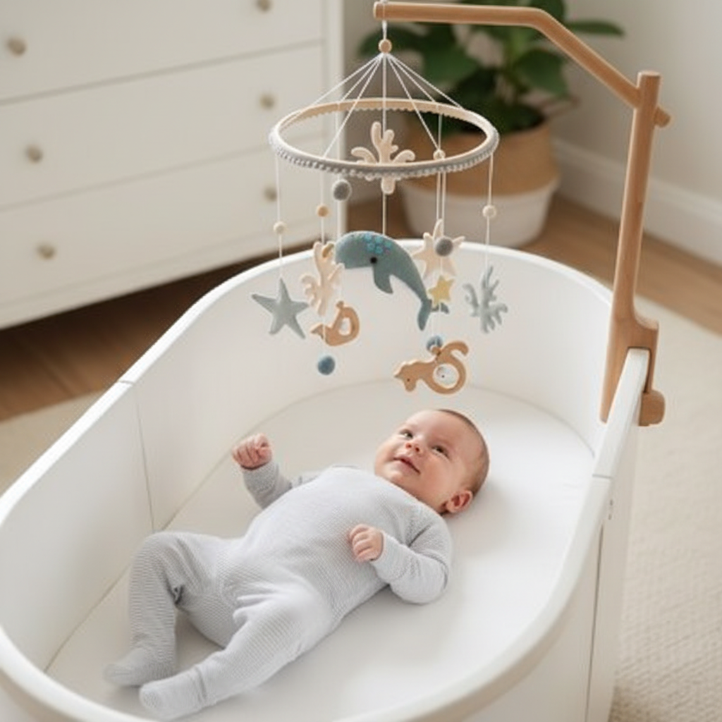 Mobile lit bébé WHALY™ - nouveau-né bassinet ovale regardant figurines marines feutre beige gris bleu canard éveil visuel naissance
