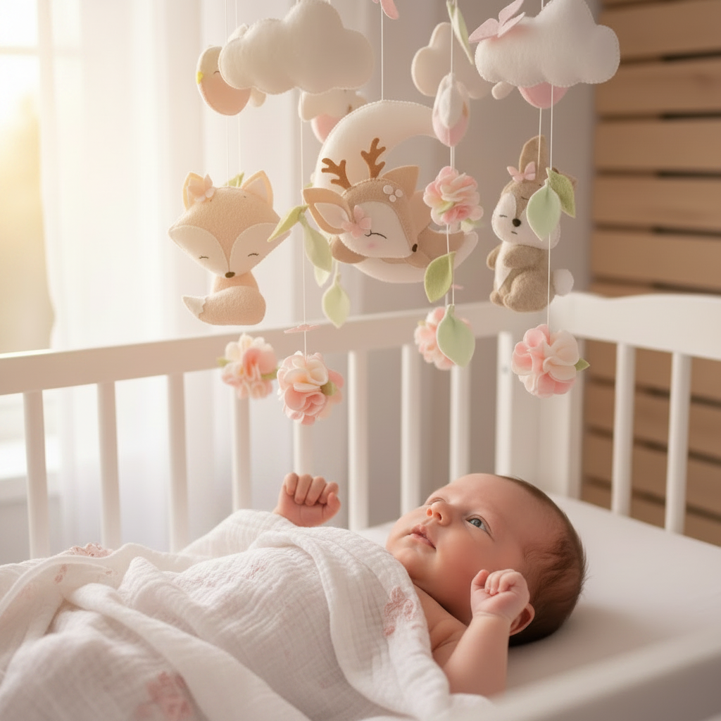 Mobile pour bébé ROSAEL™ cerf rose avec couverture douce, décoration chambre bébé