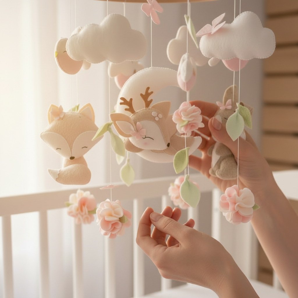 Mobile pour bébé ROSAEL™ cerf rose, maman touchant le mobile dans la chambre bébé