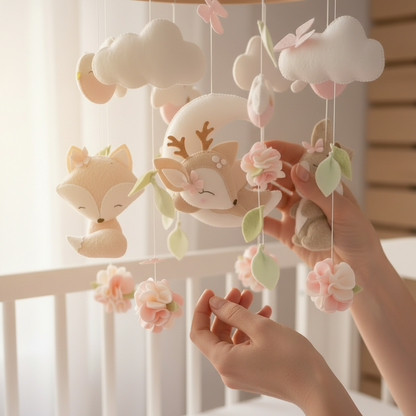 Mobile pour bébé ROSAEL™ cerf rose, maman touchant le mobile dans la chambre bébé
