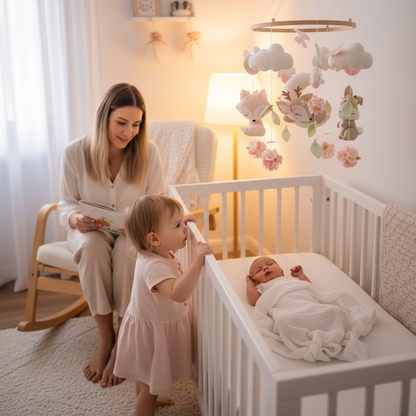 Mobile pour bébé ROSAEL™ cerf rose, moment émotion famille dans la chambre bébé