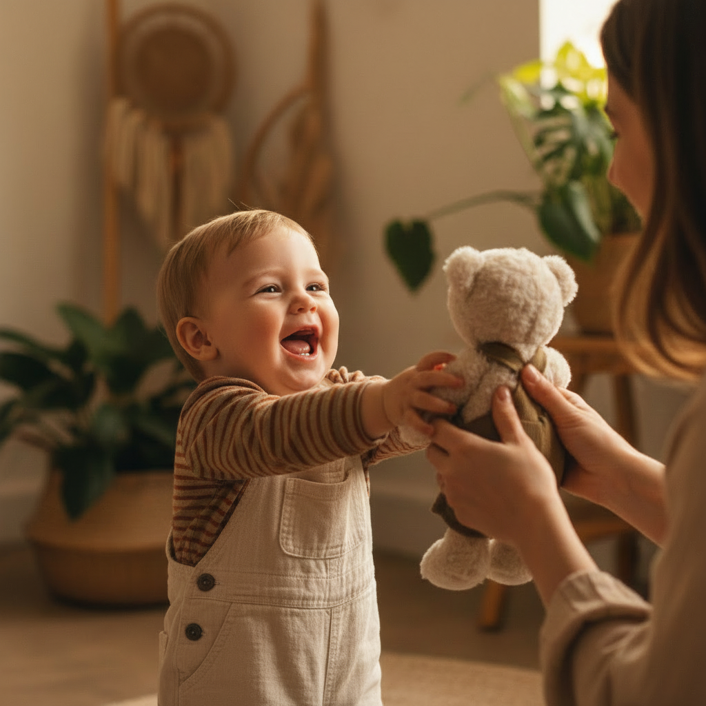 Ours en peluche BIBBOU™ retrouvé avec joie par un enfant - cadeau naissance inoubliable