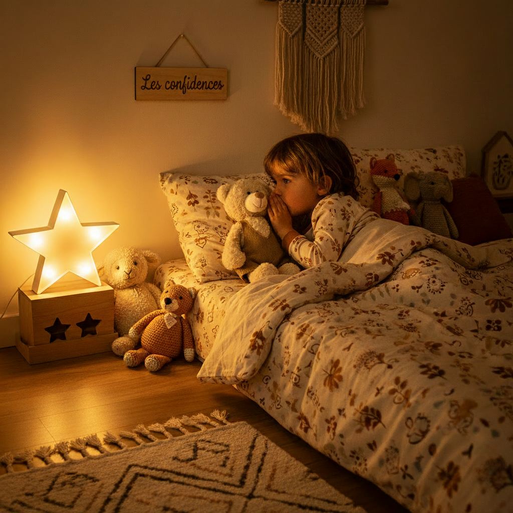 Ours en peluche BIBBOU™ recevant les confidences d'un enfant la nuit - compagnon de sommeil