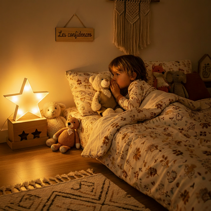 Ours en peluche BIBBOU™ recevant les confidences d'un enfant la nuit - compagnon de sommeil