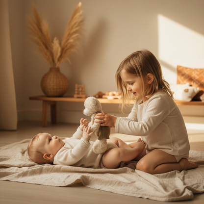 Ours en peluche BIBBOU™ évolutif - grande sœur offrant le doudou à bébé, cadeau naissance et fratrie