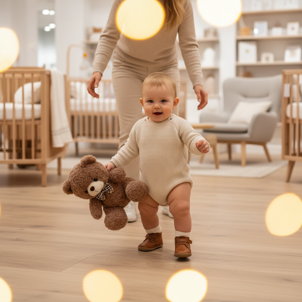 Ours en peluche BisouNœud™ - bébé de 1 an qui marche avec son doudou à la main
