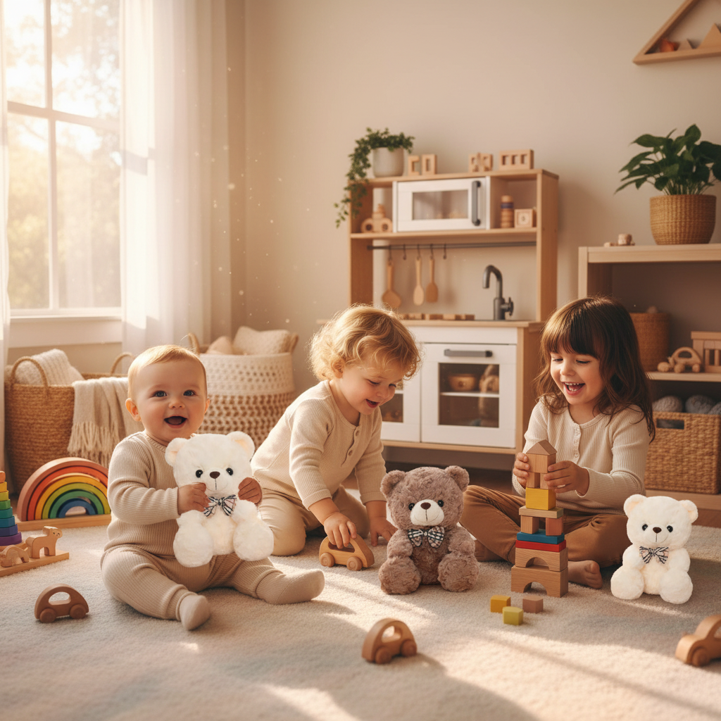 Ours en peluche BisouNœud™ - frères et sœurs jouant ensemble avec leur doudou salle de jeux
