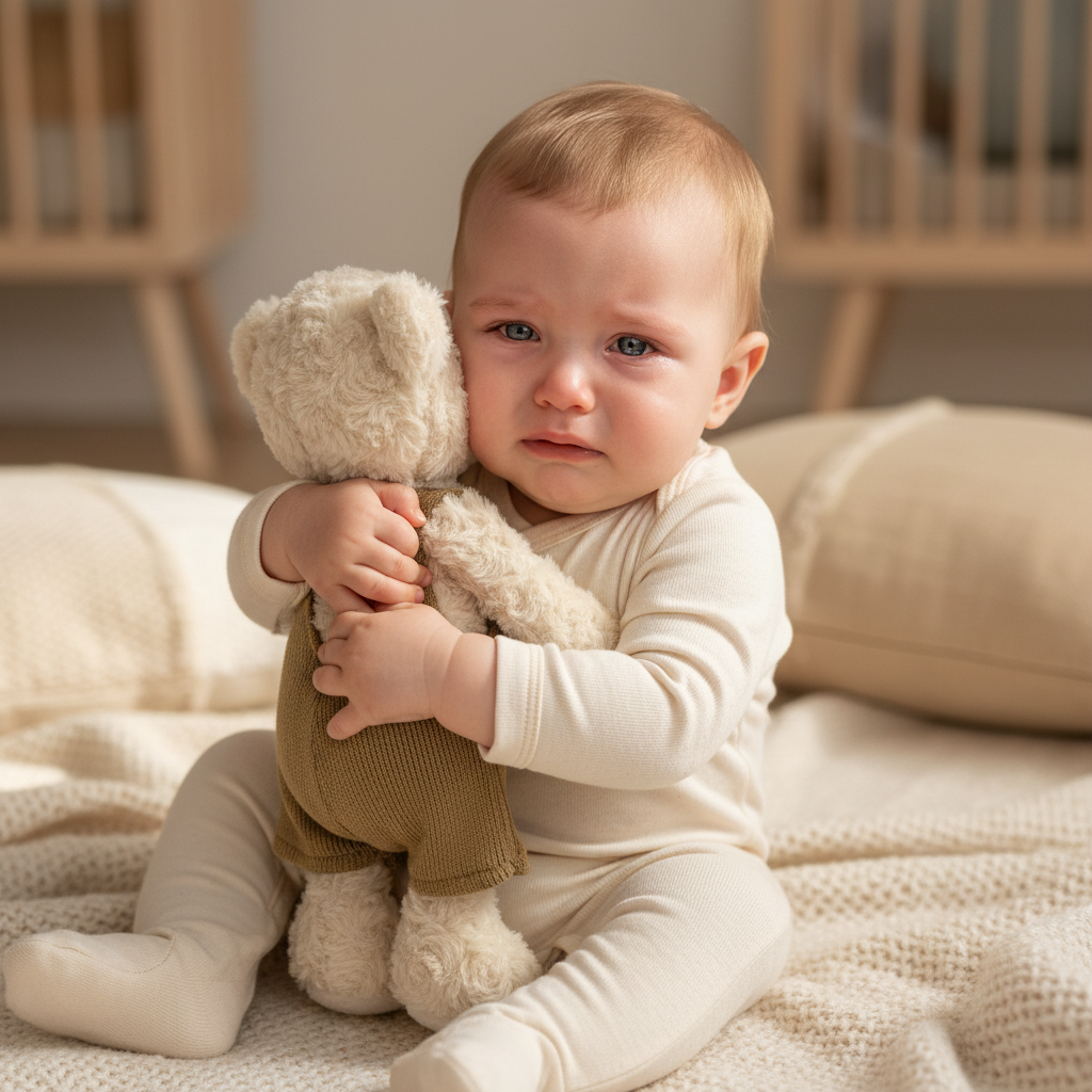 Ours en peluche BIBBOU™ réconfortant un bébé en larmes - doudou ultra-doux pour enfant