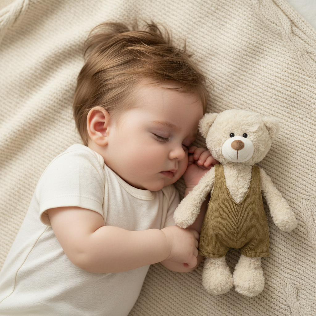 Ours en peluche BIBBOU™ de face avec bébé - doudou salopette bretelles ultra-doux cadeau naissance