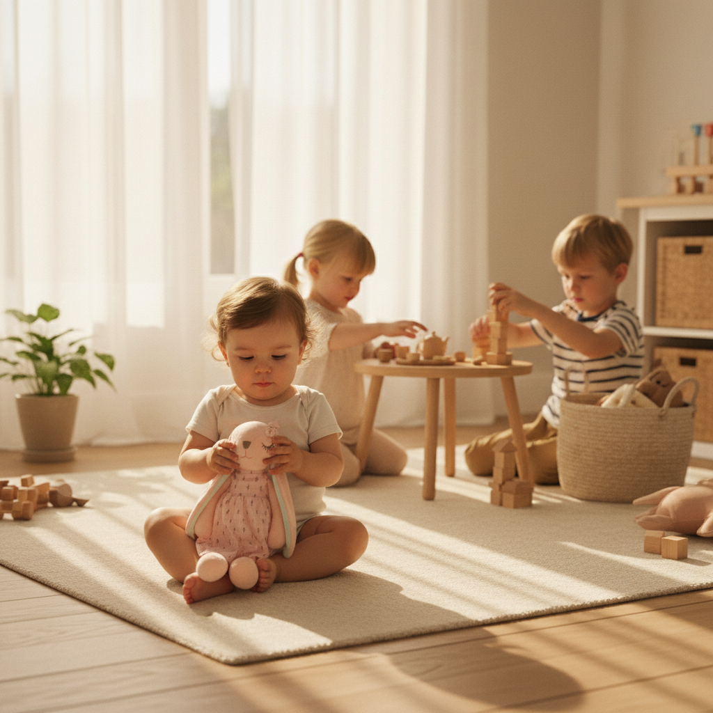Peluche lapin avec Bébé et enfants salle de jeux , lumière dorée ambiance cinématographique