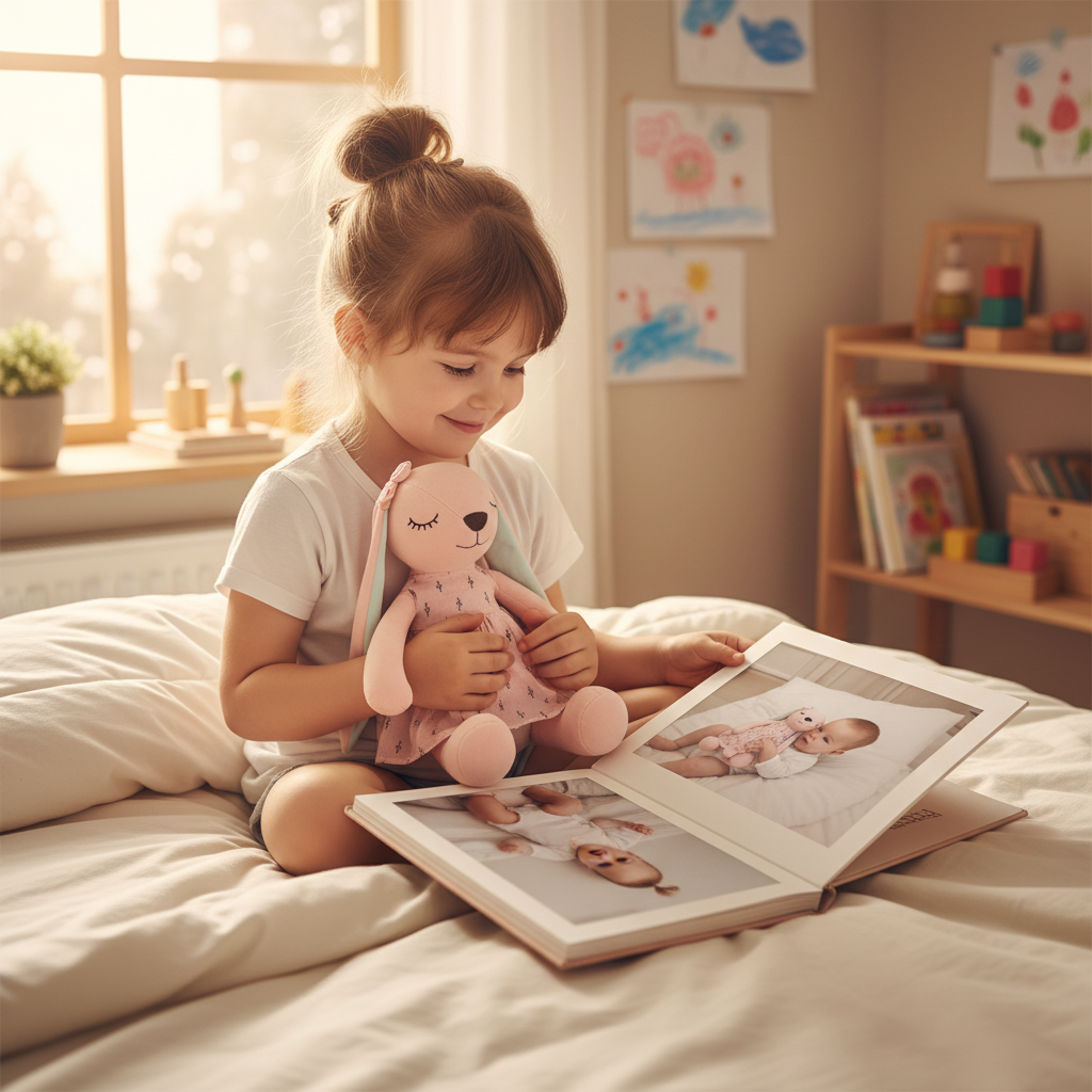 Peluche lapin et Enfant regardant photo album bébé avec lapin souvenirs lien affectif durable