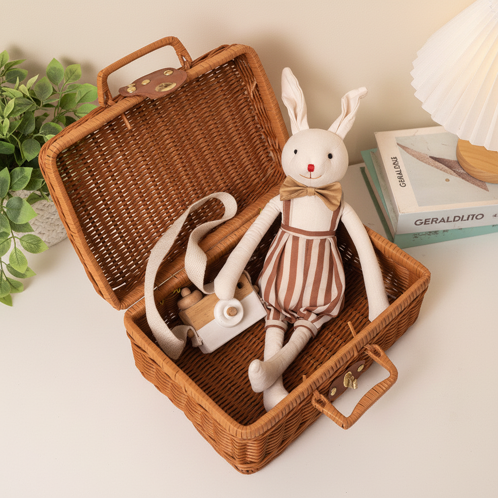 Peluche lapin Ribambelle™ lapin salopette rayé dans valise en osier avec appareil photo en bois — doudou cadeau naissance