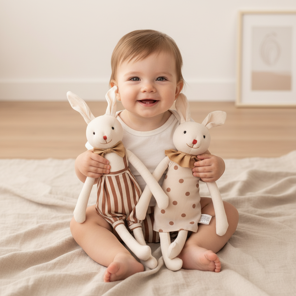 Peluche lapin Ribambelle™ — bébé souriant assis entre le lapin salopette rayée et la lapine  jupe à pois