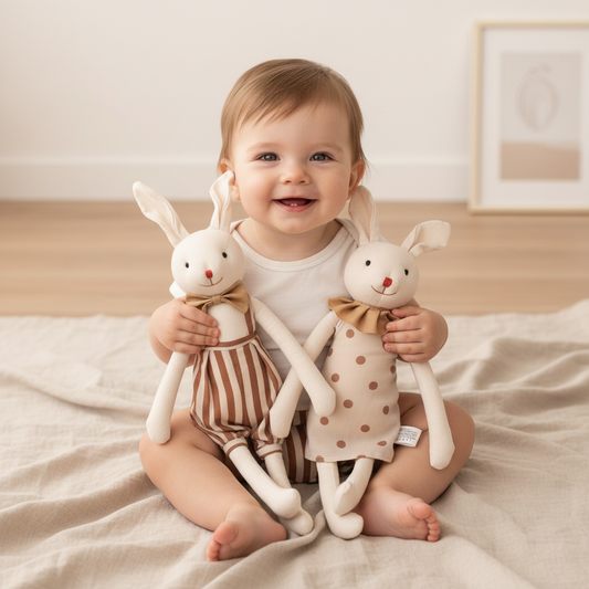 Peluche lapin Ribambelle™ — bébé souriant assis entre le lapin salopette rayée et la lapine  jupe à pois