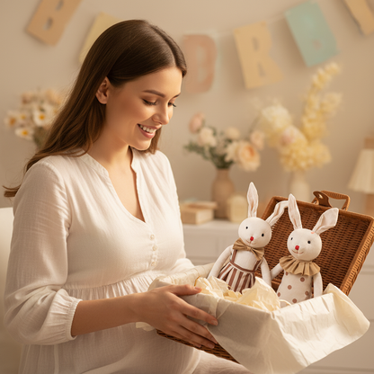 Peluche lapin Ribambelle™ — maman enceinte au baby shower découvrant le duo fille et garçon dans une valise en osier