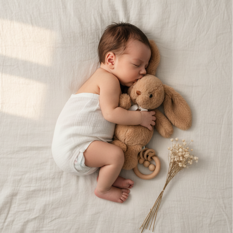 Peluche lapin FLUFFYN™ – bébé endormi avec son doudou