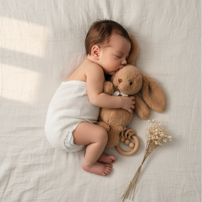 Peluche lapin FLUFFYN™ – bébé endormi avec son doudou