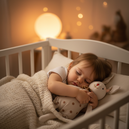 Peluche lapin Ribambelle™ — enfant endormi dans son lit serrant son doudou lapin, rituel du soir réconfortant