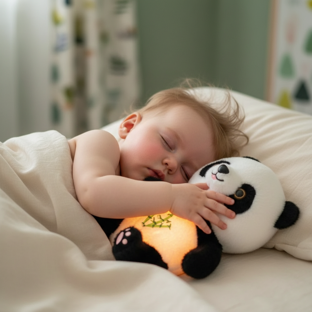 Peluche qui respire PANDOR™ – bébé fait câlin contre panda ventre lumineux