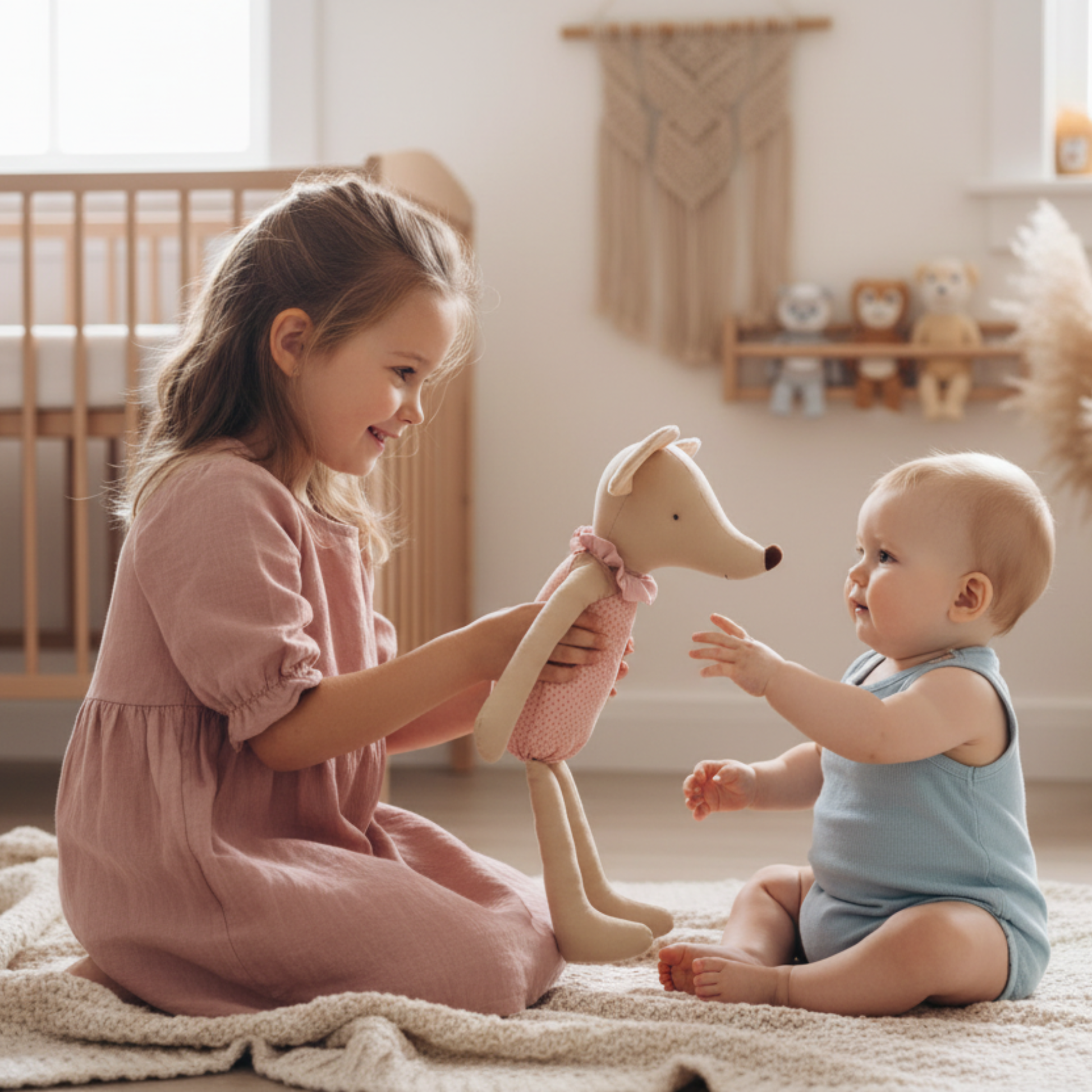 Peluche souris FARFOUILLE™ dans les bras d'enfants - doudou bébé