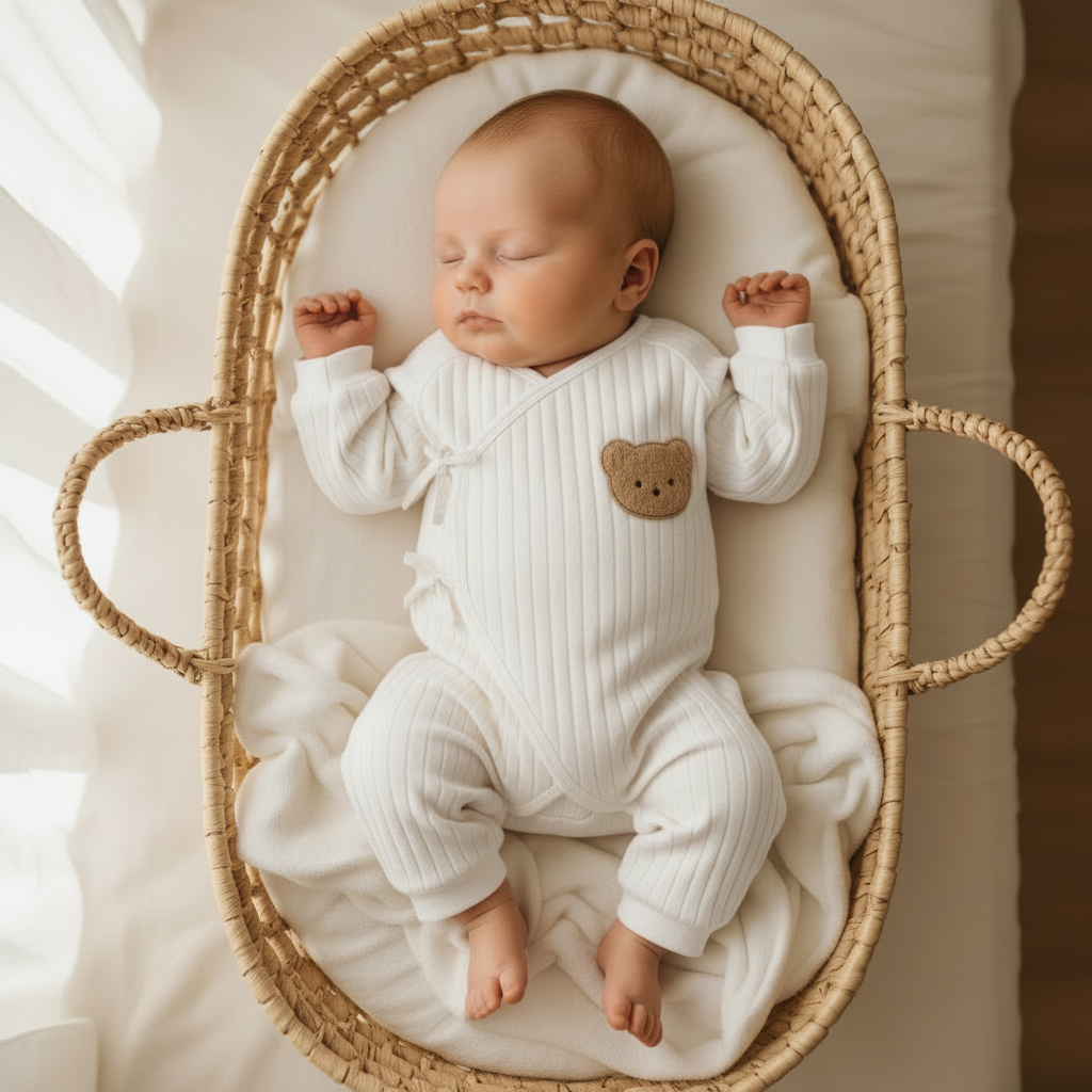Pyjama bébé Nounours coton bio écru - nouveau-né paisible dans couffin portant grenouillère kimono douce
