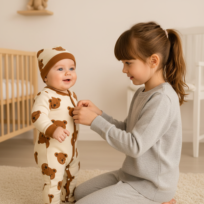 Pyjama bébé adorable ours beige avec bonnet - Tenue parfaite pour photos de famille