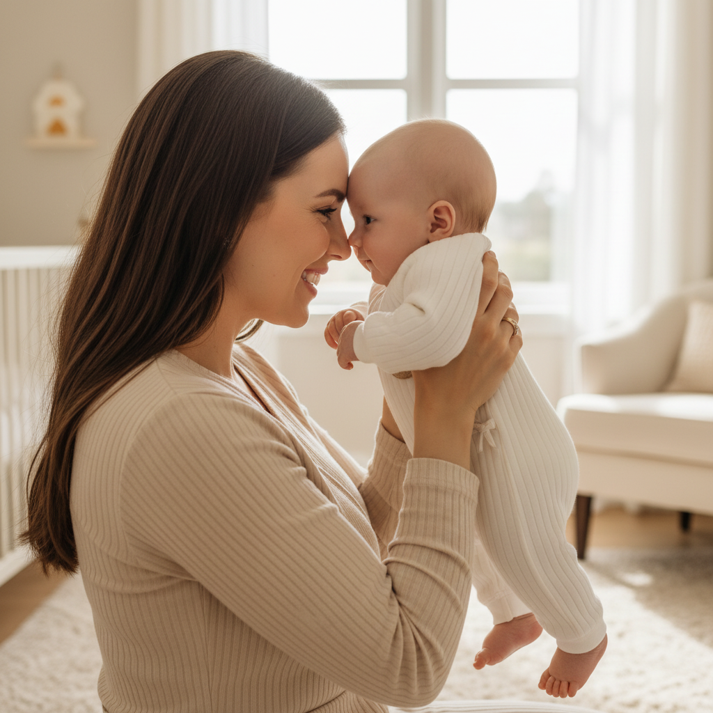 Pyjama bébé kimono écru avec ourson brodé - maman heureuse tenant nouveau-né dans grenouillère douce

