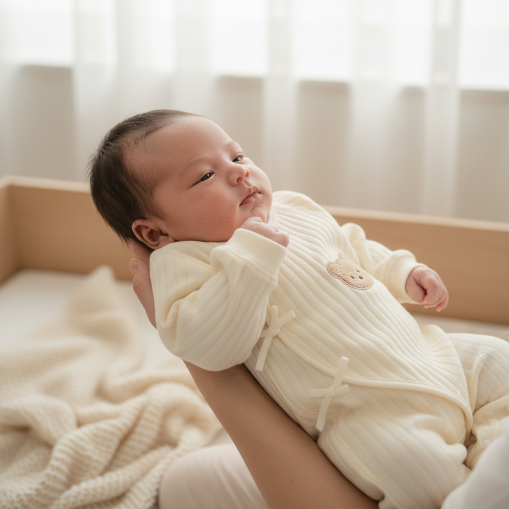 Pyjama bébé Nounours™ coloris Beige - combinaison kimono coton côtelé 100% naturel pour nouveau-né