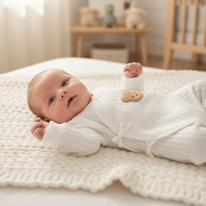 Pyjama bébé Nounours™ coloris Blanc - combinaison kimono coton côtelé 100% naturel pour nouveau-né