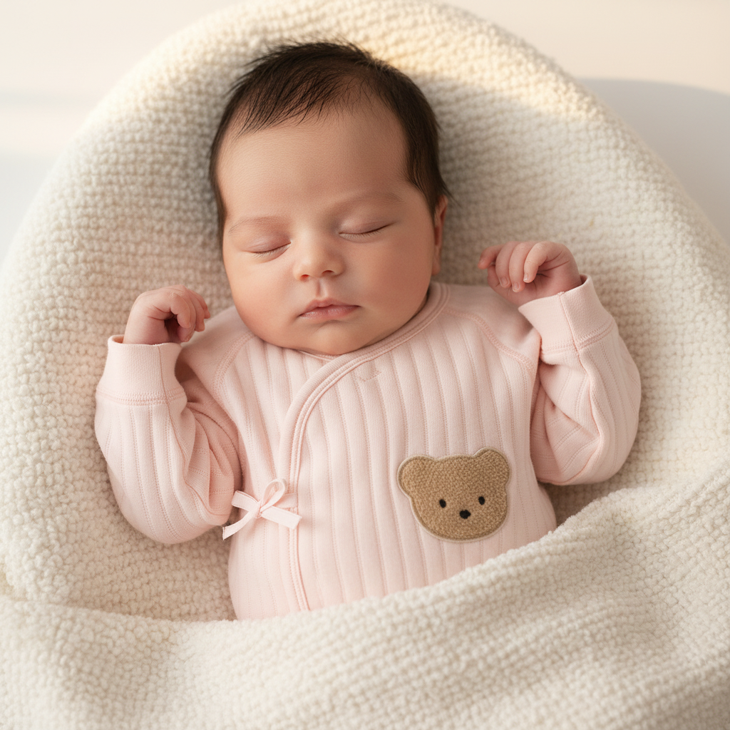 Pyjama bébé Nounours™ coloris Rose - combinaison kimono coton côtelé 100% naturel pour nouveau-né